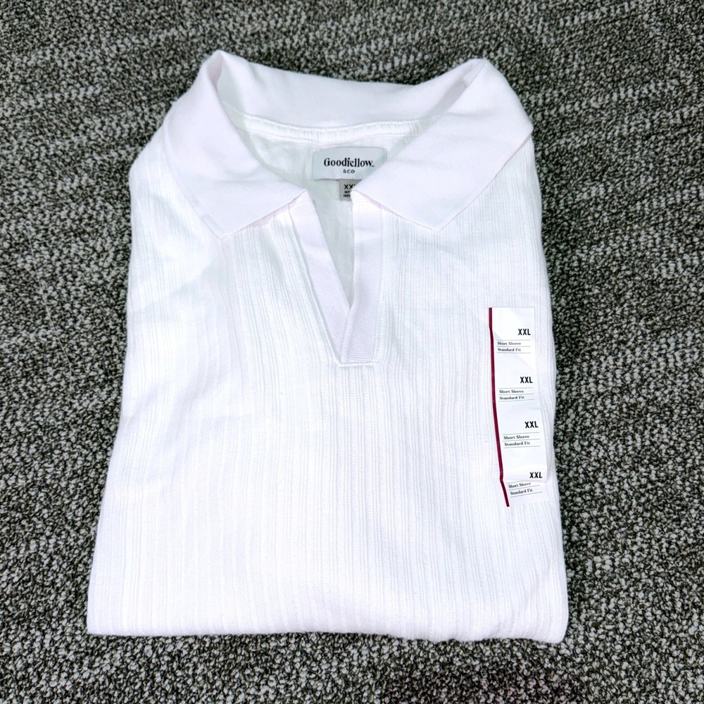 Goodfellow & Co Mens XXL White Rib Knit Short Sleeve V-Neck Polo Shirt NWT 224B8